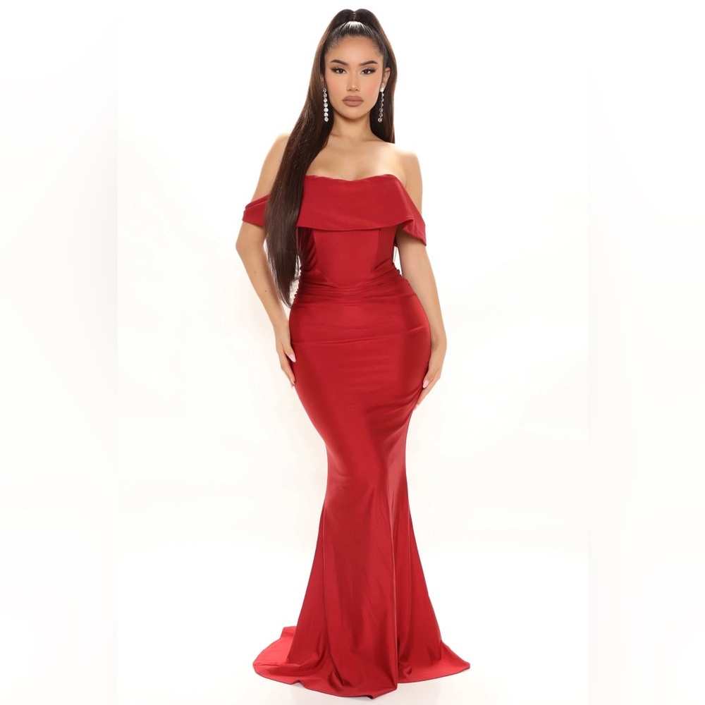 Fashion Nova Get the Glow Burgundy Red off the shoulder maxi dress gown